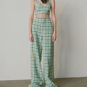 Zara Green & White Check Wide-Leg Pants, NWT, L